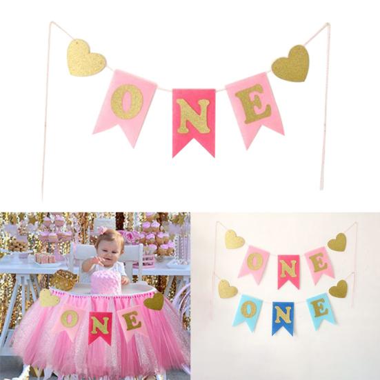 Baner na Pierwsze Urodziny Dziecka Chłopca Dziewczynki Brokatowy ONE Serce Girlanda Dekoracja na Krzesełko