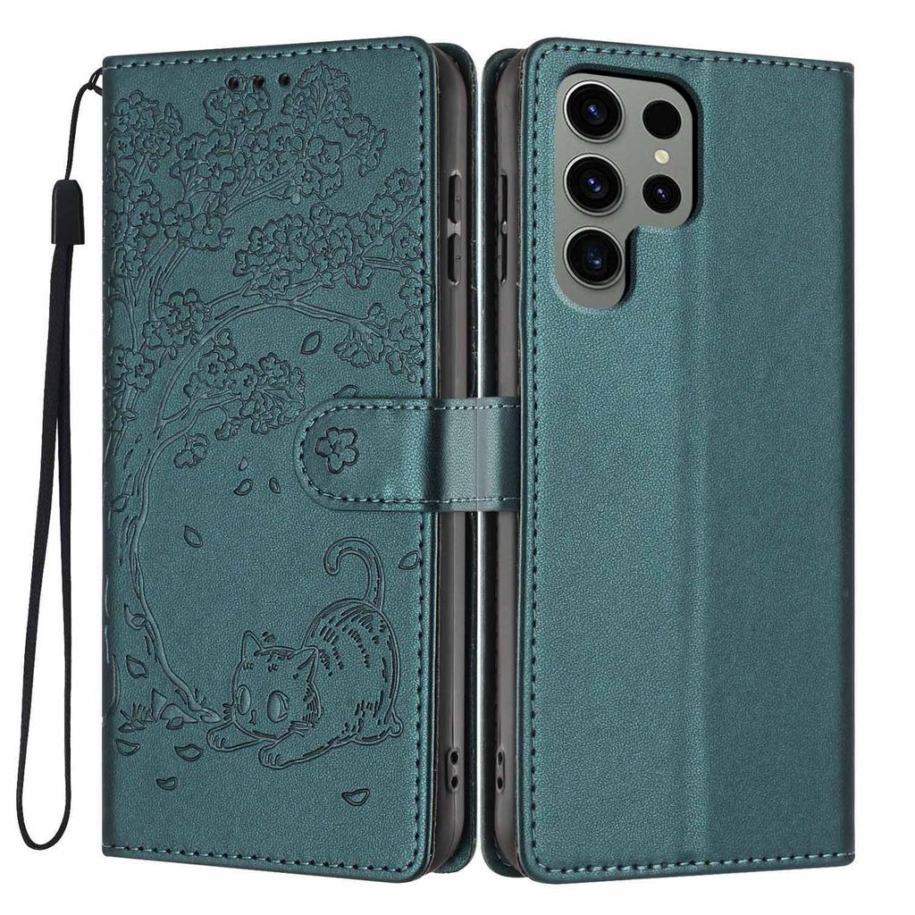 For Samsung Galaxy S24 Ultra Stand Case Tree-and-Cat Pattern PU Leather Wallet Protective Phone Cover with Wrist Strap
