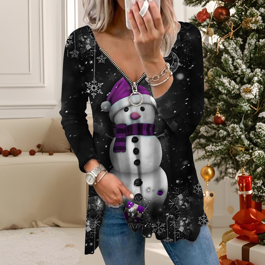 Women Autumn Christmas Printed Long Sleeve T-Shirts  Loose V-Neck Plus Size Tee Shirt Tops Comfy Blouse