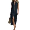 Women's Color Sleeveless Zipper Stand Up Collar Fashionable Slit Casual Dress