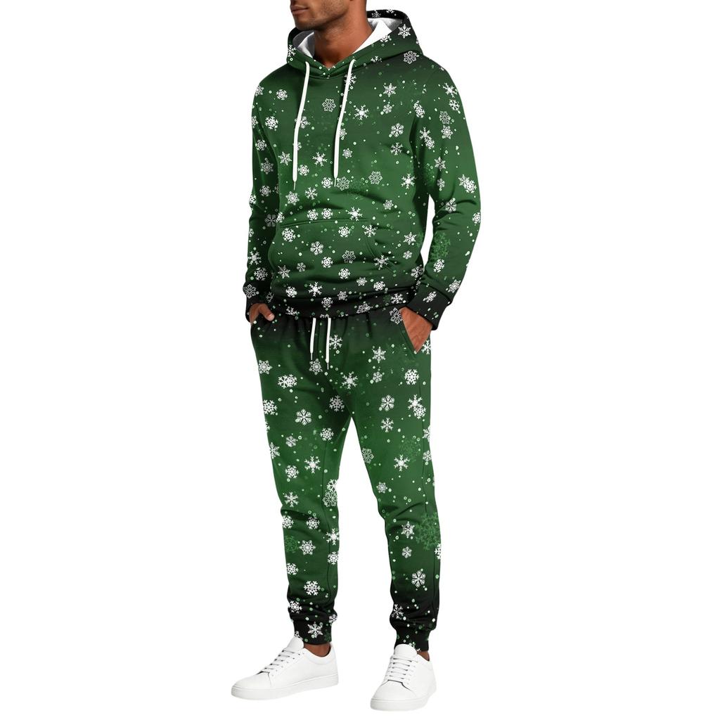 Men's Casual Christmas Print Hoodie and Straight-Leg Sweatpants Two-Piece Set for Holiday Celebration