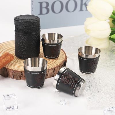 4pcs 30/70/180ml Outdoor Travel Camping Tableware Cups Set Picnic Supplies Stainless Steel Water Cup With PU Leather Sleeve.