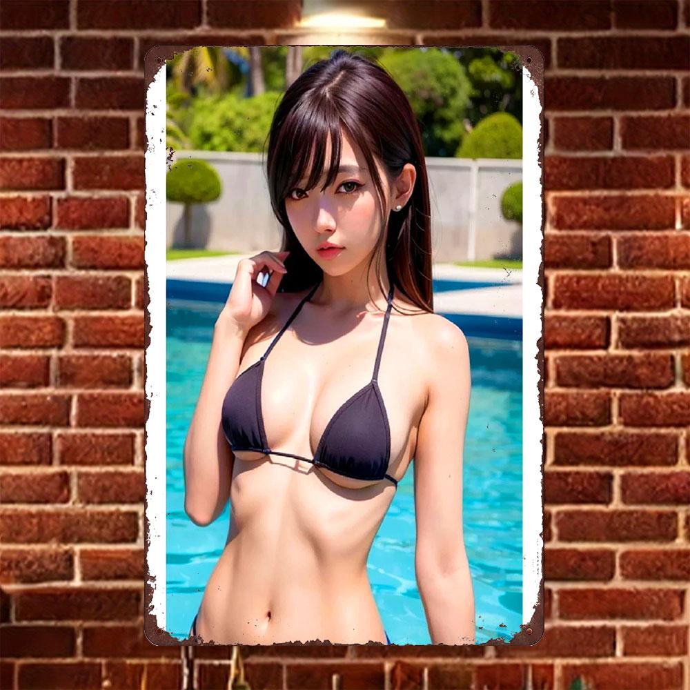 

HD Tin Sign Vintage Asian Girl in Black Bikini by Swimming Pool Metal Wall Art Retro Decor for Home Bar Cafe 20x30cm（7.8x11.8inch）