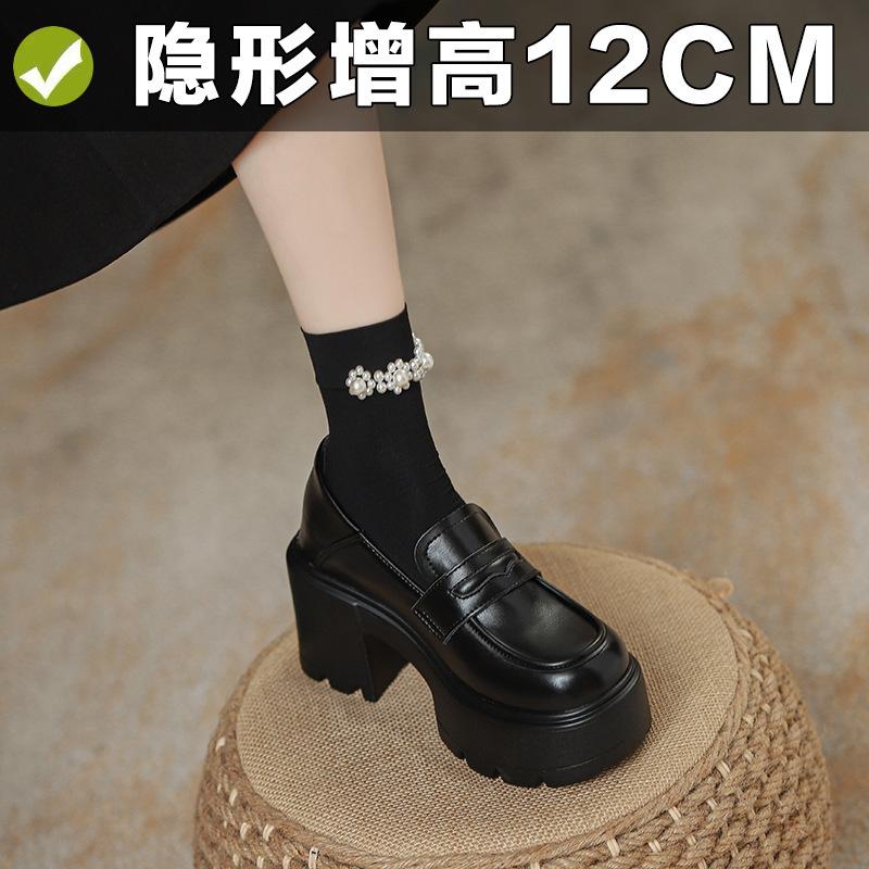 

Черные маленькие кожаные туфли, толстая подошва, высокий каблук, внутренняя высота 12 см, универсальные маленькие белые туфли, весенне-осенние туфли 3233 39 чёрный