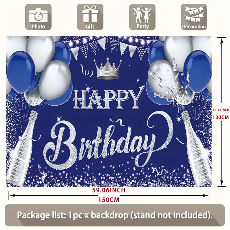 2D Glitter Silver Champagne Happy Birthday Backdrop Banner for Masculine Party Supplies
