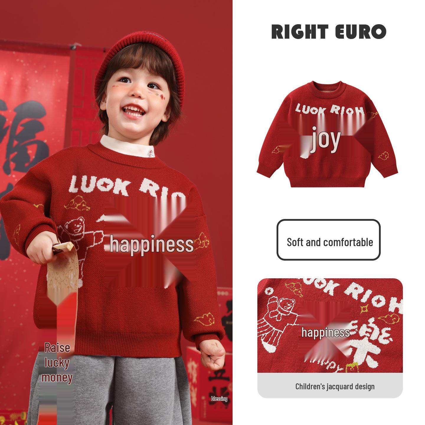 European Boys  Red Cartoon Sweater Knitwear - New Year 2025 Winter Style 100cm