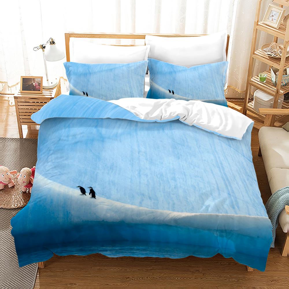 Antarctic Penguins Duvet Cover Set For Kid Girl Boy Cute Animals Polyester Comforter Cover Black White Print Bedspread King Size