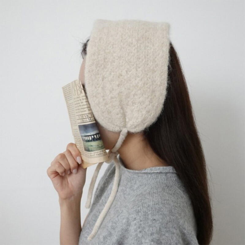 Women's Wool Knit Earmuff Round Ribbon Warm Hat