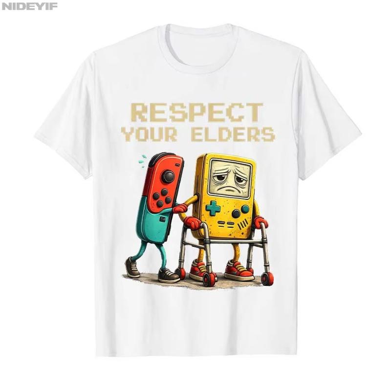 Cotton T Shirts Short Sleeve Tops Respect Your Elders Gaming Control Retro Funny 80s 90s Gamer Tshirt For Unisex Women M