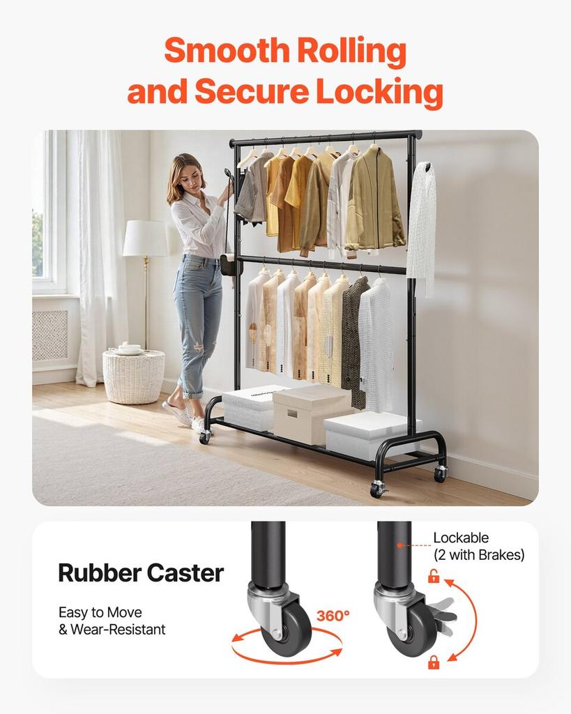 Clothes Rack, Rolling Clothing Garment Rack with Adjustable Crossbar and Side Hooks, 68 kg Load Capacity, Heavy Duty Carbon Steel Clothing Racks with