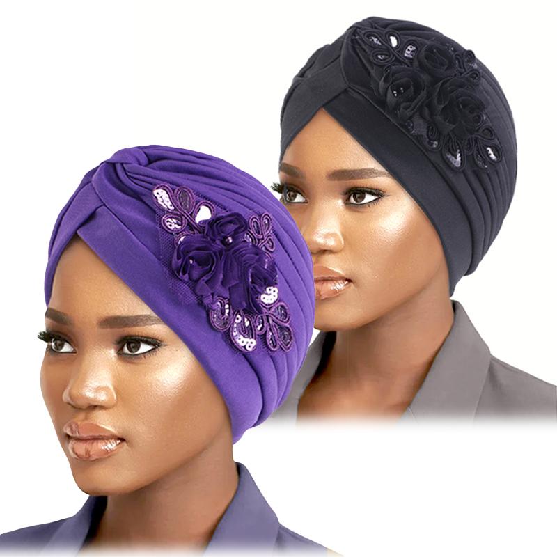 New Flower Decoration Turban Solid Color For Women Fashion Hair Wear Head Wrap Ladies Headwear Cancer Hats India Cap Bandana