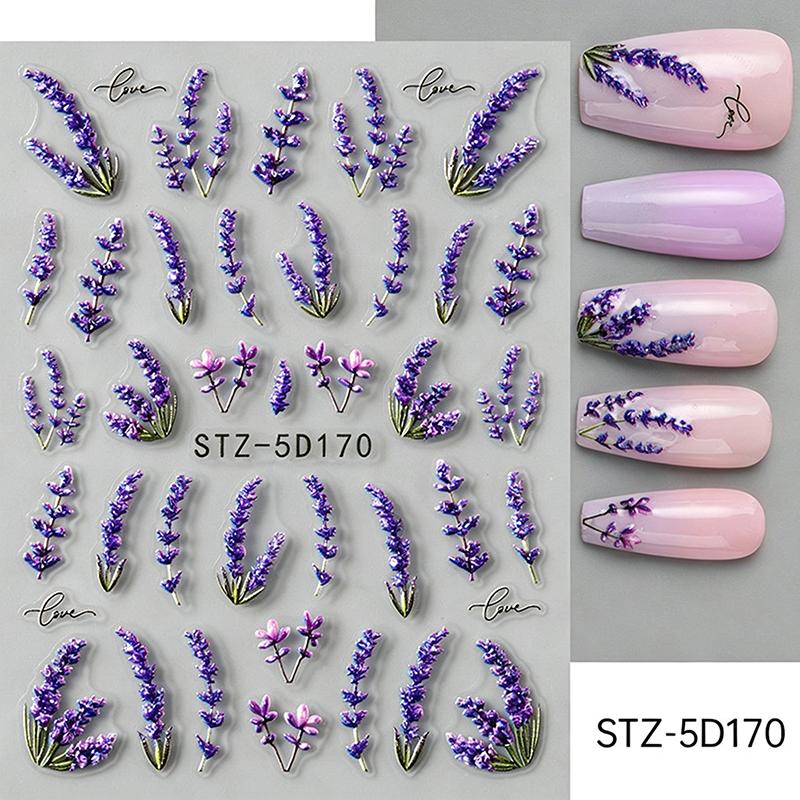 5D Embossed Elegant Lavender Flowers Nail Stickers Bright Florals Adhesive Nail Decals Spring Summer Petals Nail Access
