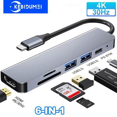 6 In 1 USB C Hub Type C Adapter To 4K HDMI SD TF Card PD Fast Charge Splitter Type C Docking Station for PC Laptop