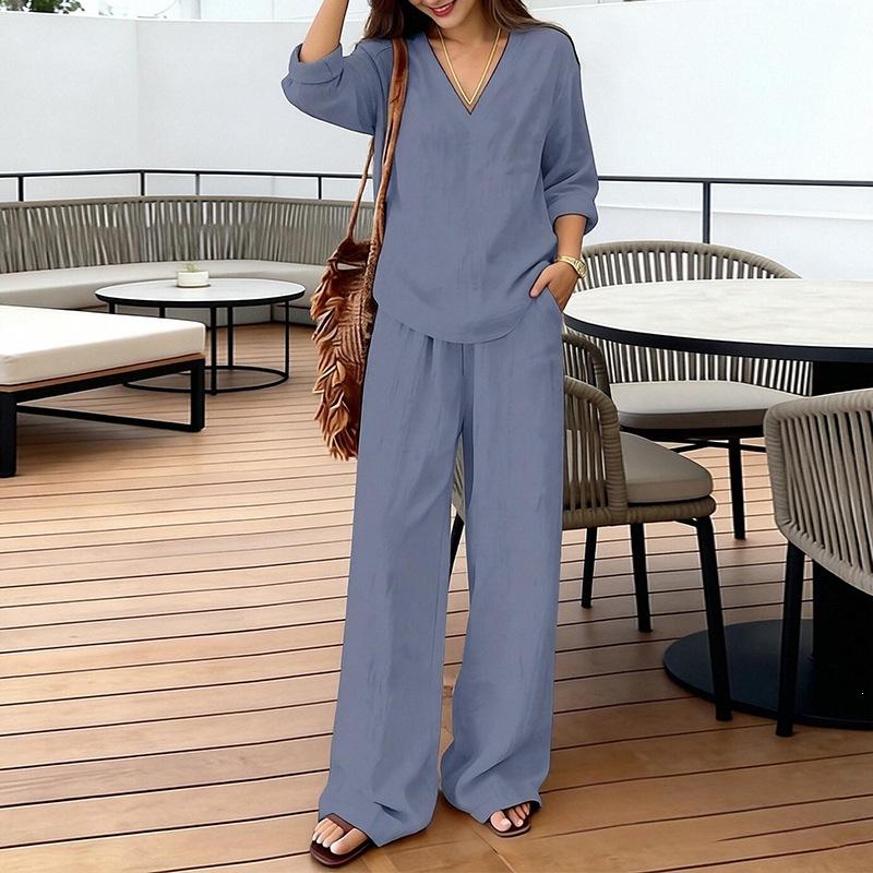Nuova collezione primavera 2026 abbigliamento donna, Europeo, Americano Amazon cross-border, set di pantaloni larghi a gamba larga tinta unita alla moda e casual
