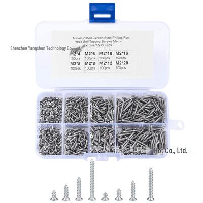 800-Piece Set: Nickel-Plated Carbon Steel Phillips Countersunk Self-Tapping Screws M2, 4-20mm