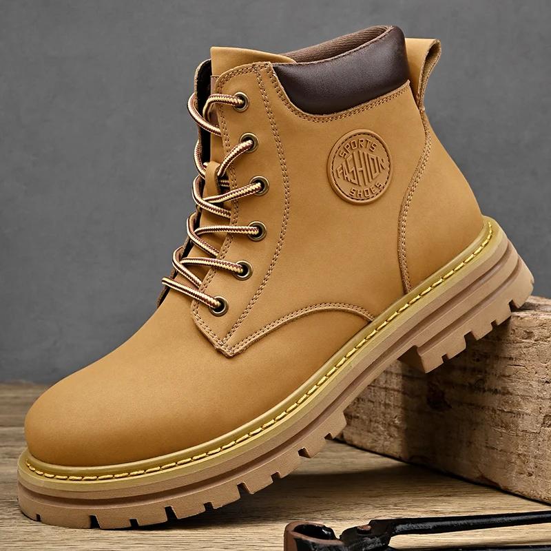 Boots Men High Top Boots Men's Leather Shoes Winter Fashion Plush Warm Shoes Outdoor Sneakers Lace Up Non-Slip Ankle Boots Male