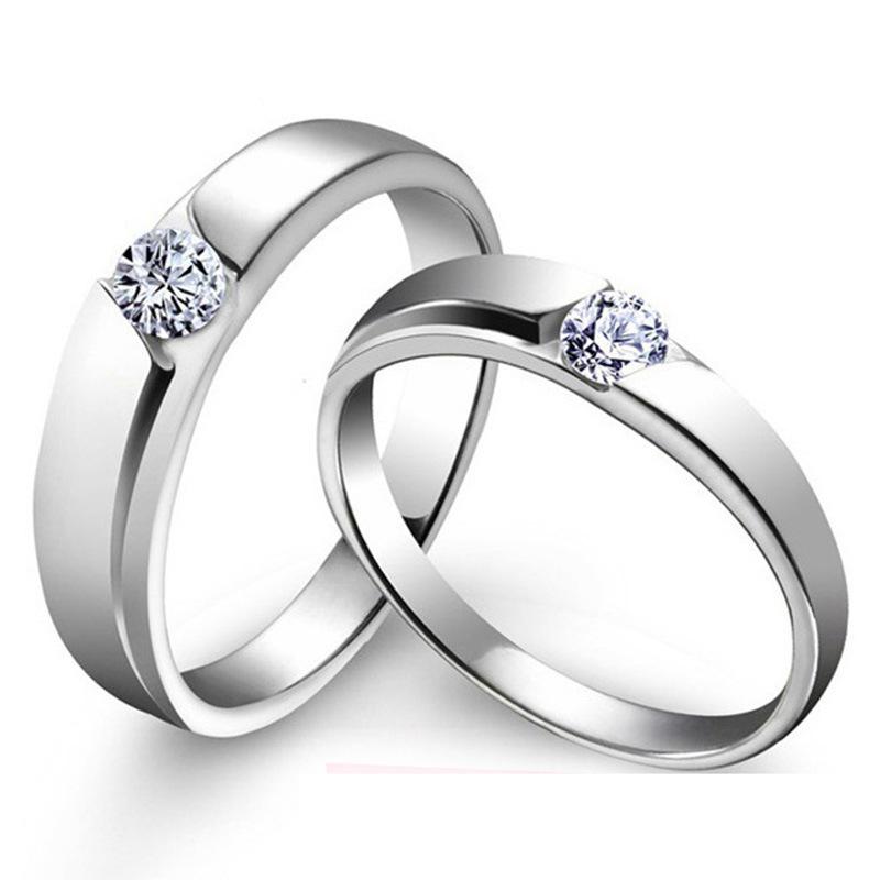 European & American Silver-Plated Zircon Wedding Rings - Korean Style Open Couple Rings for Women