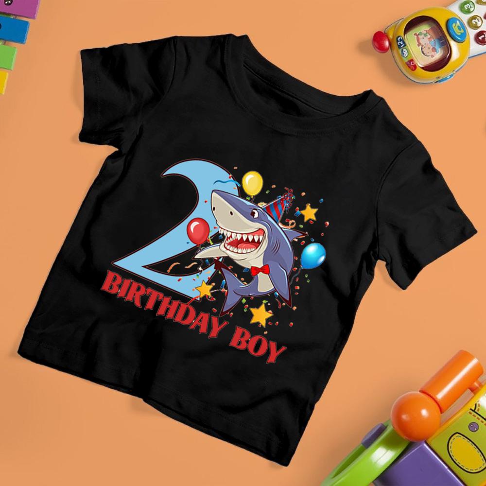 Shark Birthday Digital Funny Print Children's Short Sleeve T-shirt Suitable for Everyday Wear In Summer