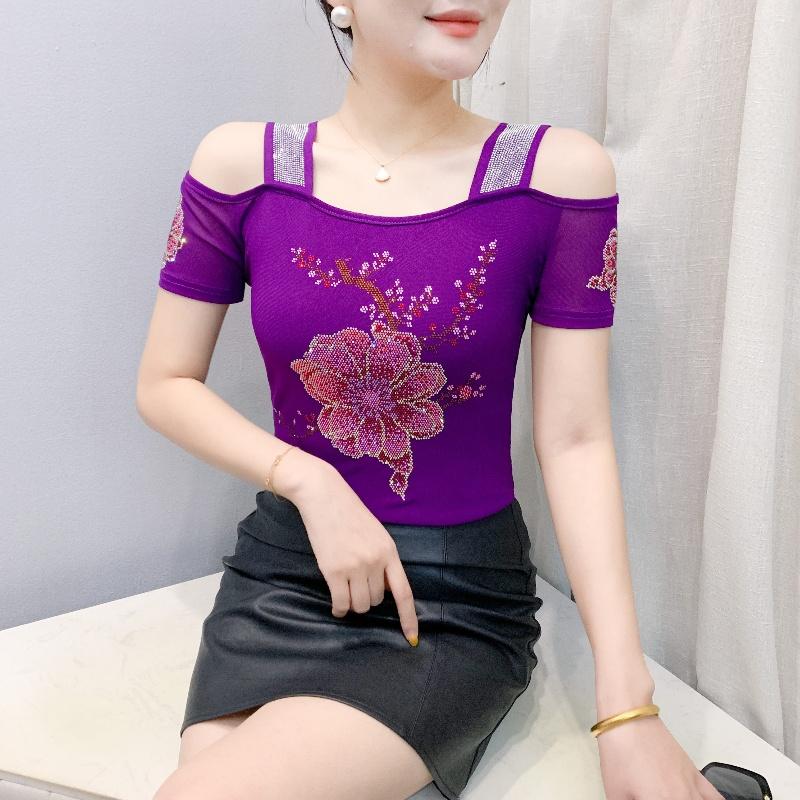 TrendHub Sexy Off Shoulder T Shirt for Women Luxury Flower Diamonds Short Sleeve Tee Summer Fashion Womens Mesh Tee Shirts Top