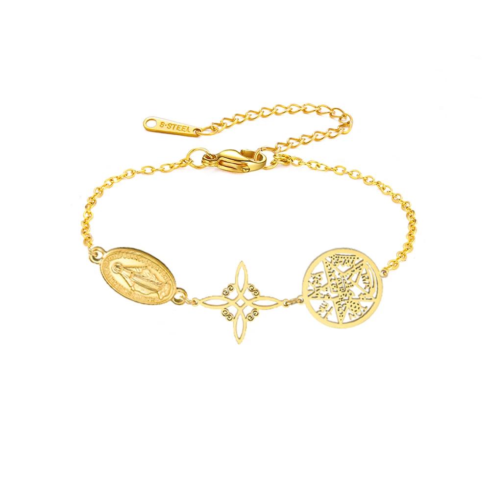 Stainless Steel Triple Protection Bracelet Witch Knot Virgin Mary Pentagram Tetragrammaton Three Types Amulet Jewelry for Women