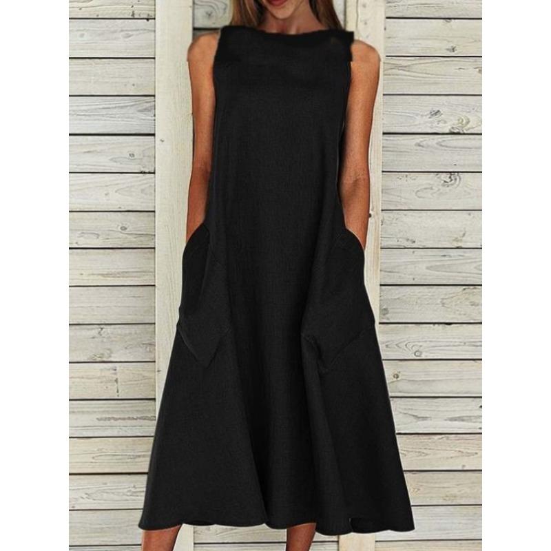 YYFS Damenmode Sommer Frühling Einfarbig Druck Ärmellos O-Ausschnitt Lockere Taille Lässige Kleider L schwarz