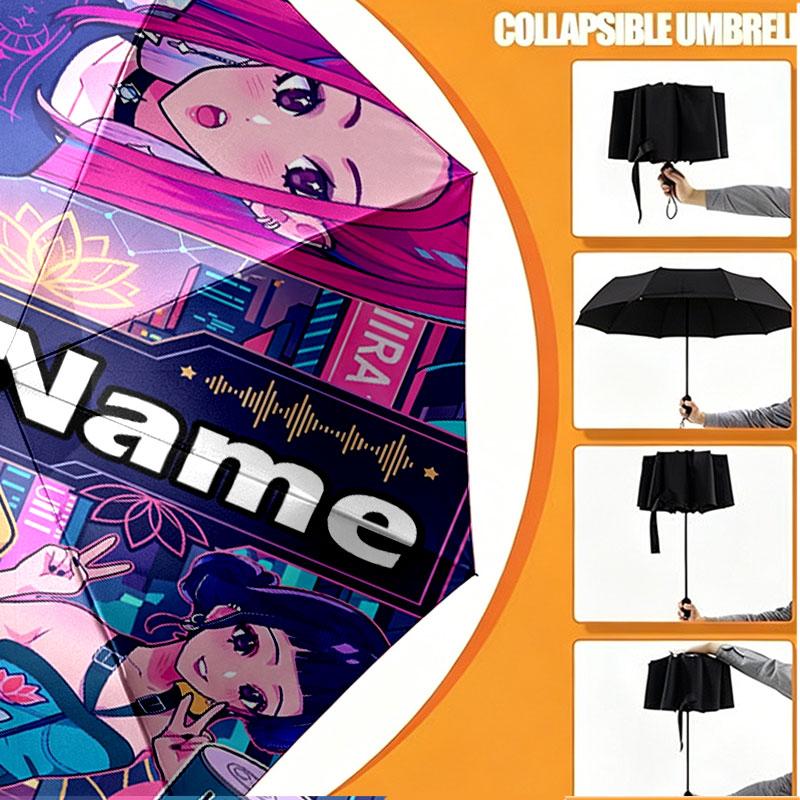 Custom Name Personalized Kpop Demon Hunter Print Umbrella, Auto Open Close, 8‑Rib Sturdy Frame, Commute Camping Hiking Use, Birthday Gift