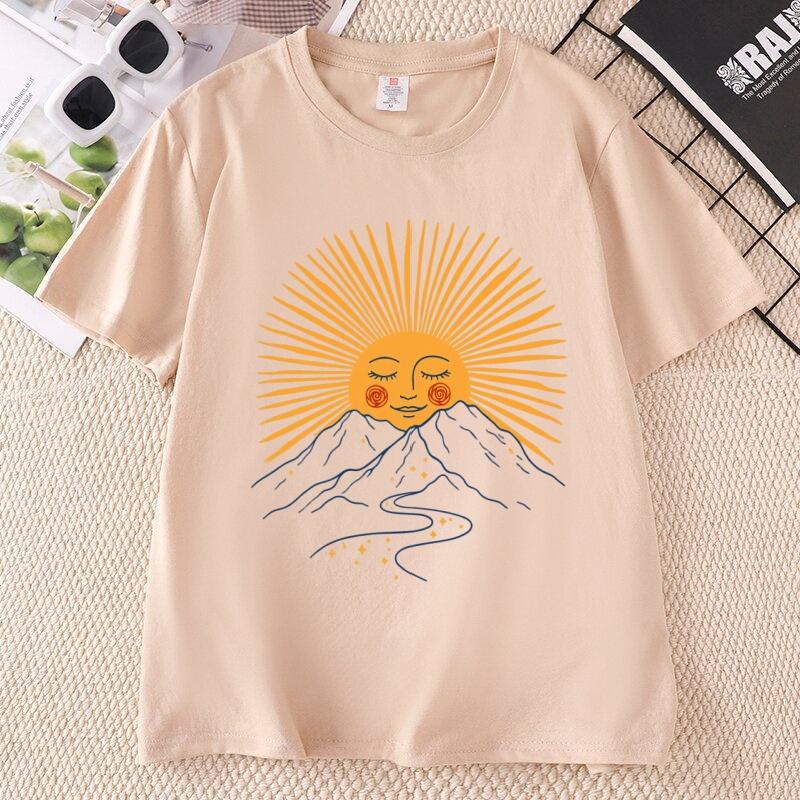 Boho Sun TShirt Comfortable Mountain Graphic Tee Casual Round Neck Celestial Nature Tee Boho Summer Hiking Tops Cotton Short
