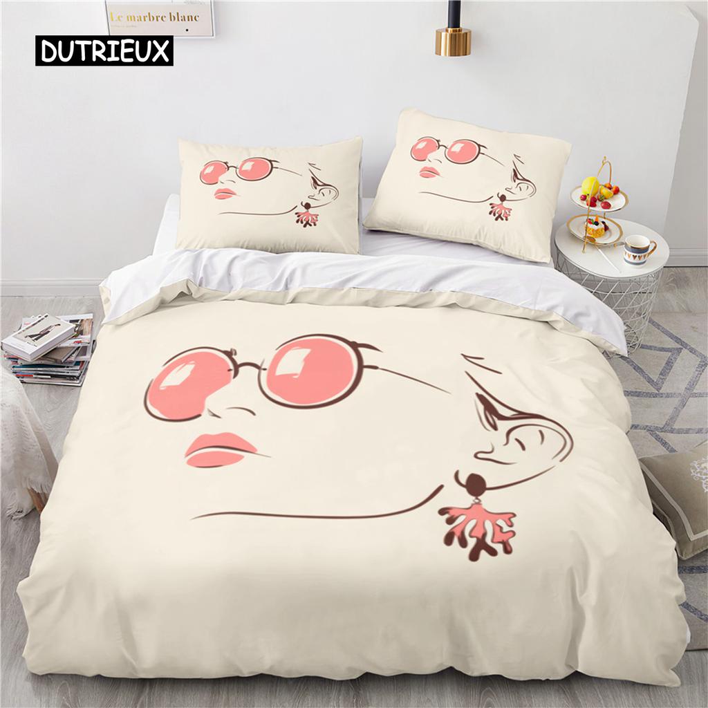 Frau Gesicht Linien Skizze Königin König Bettbezug Weibliches Porträt Rose Bettwäsche Set Einfache Striche Blume Polyester Bettdeckenbezug