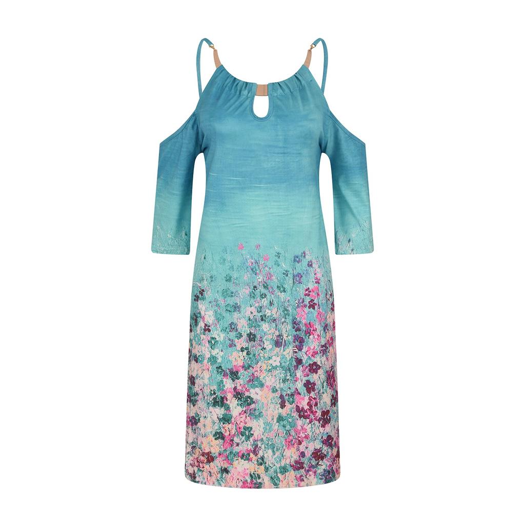 Fashion Women's Summer Casual Metal Hanging Neck Printed Strapless Dress