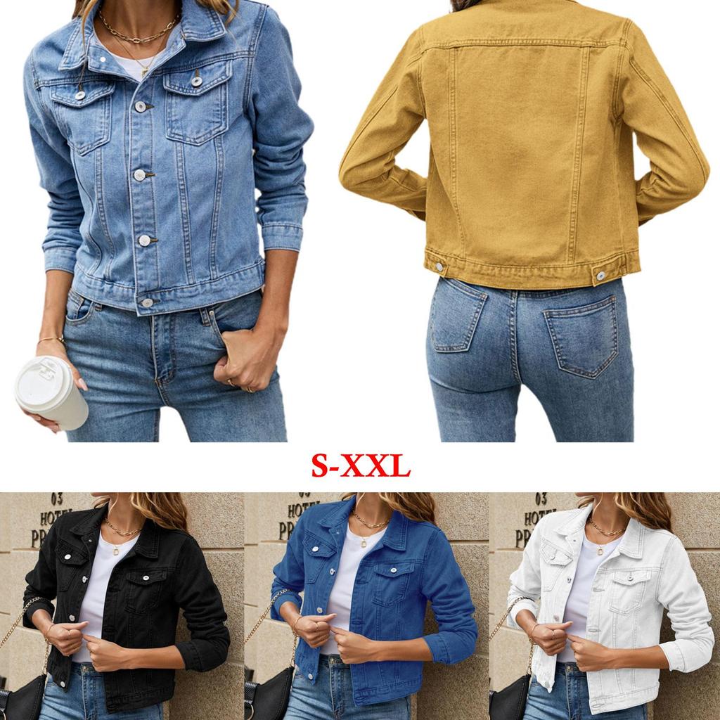 Women's Denim Jackets Fashion Female Casual Long Sleeve Lapel Solid Button Down Chest Pocket Slim Jean Jacket Coat