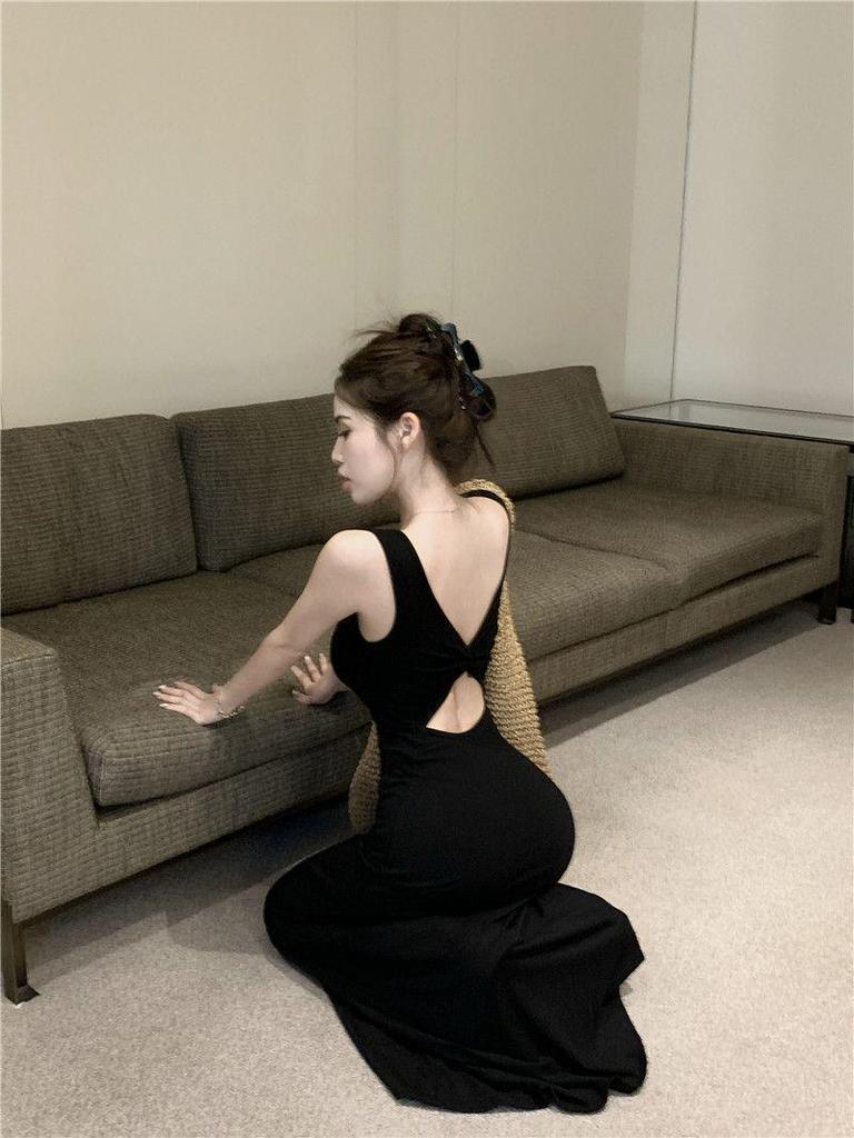 Black Summer Backless Spaghetti Strap Maxi Bodycon Dress