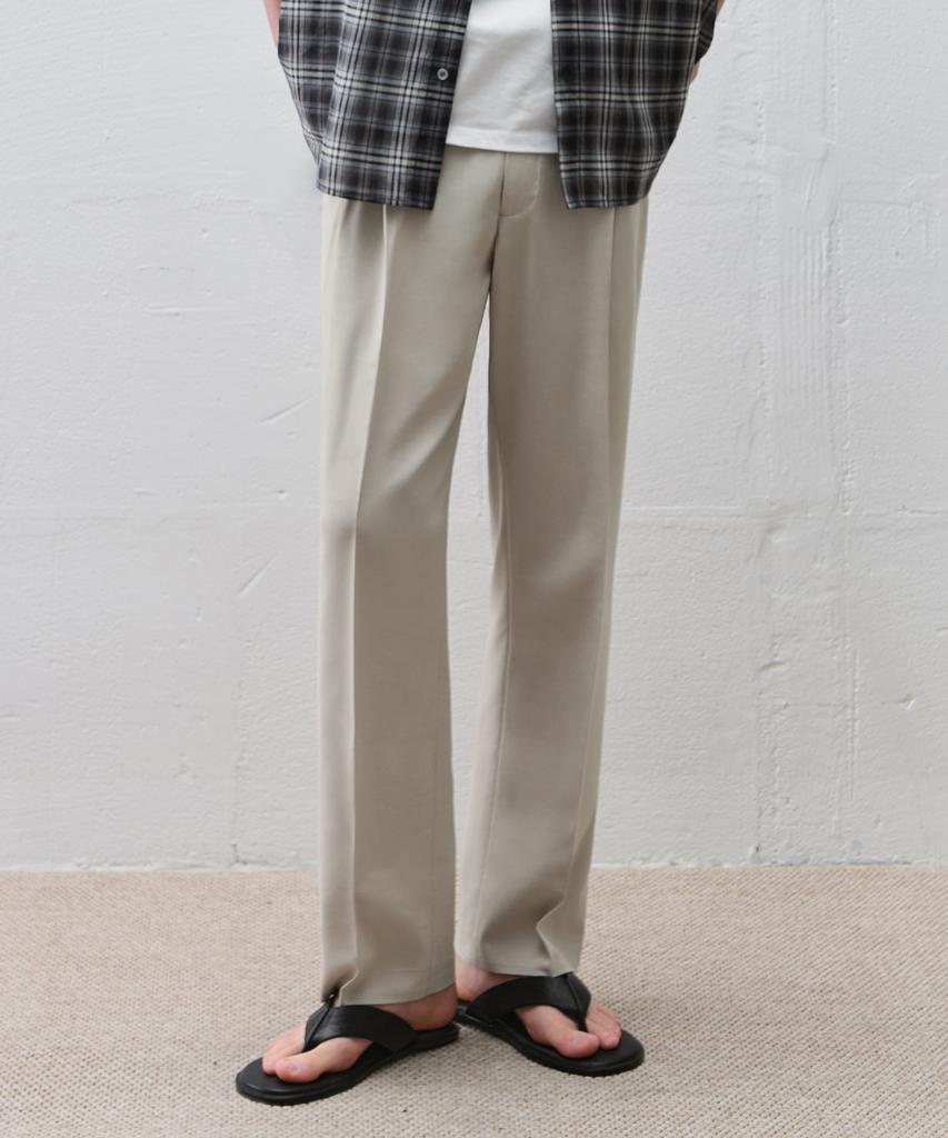 DRAW FIT Single-Pleat Elastic Linen Tapered Slacks [Oatmeal]