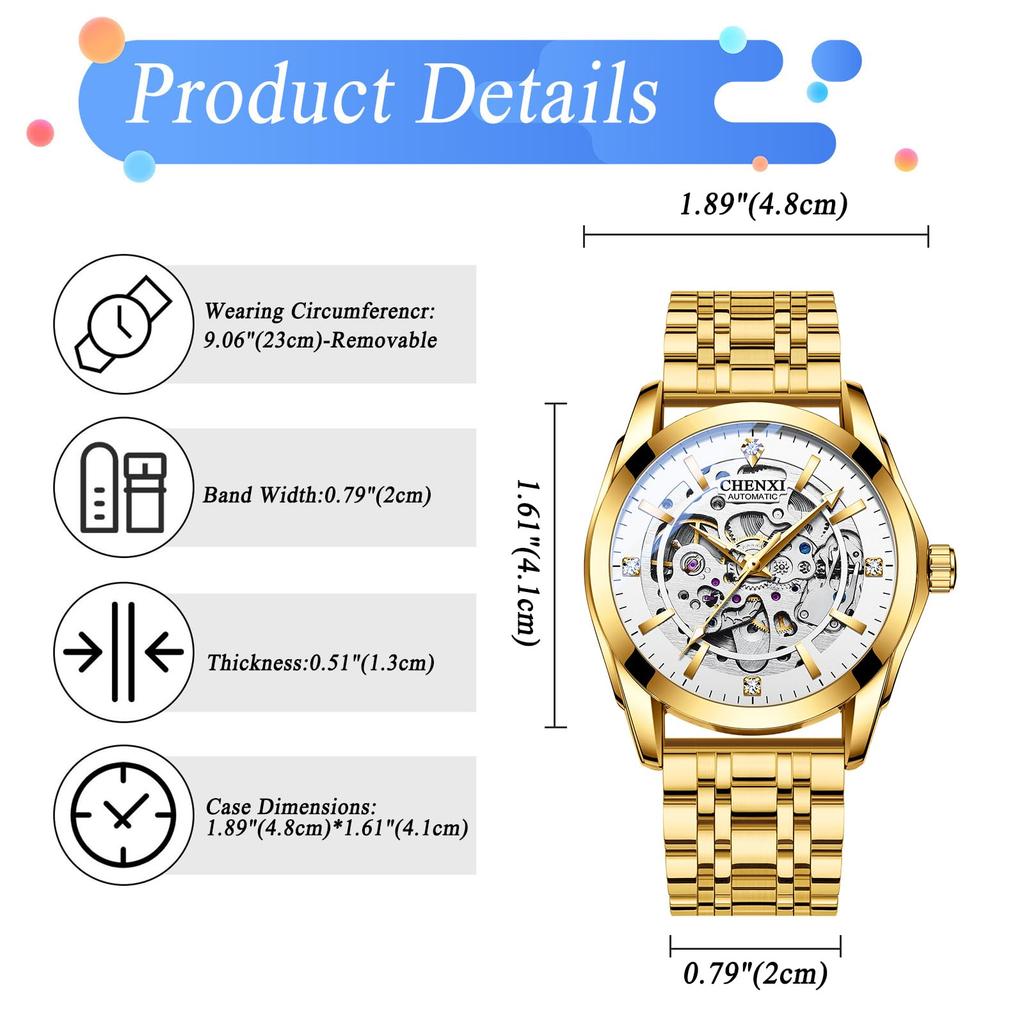 Men's Automatic Mechanical Watch 3ATM Waterproof Luminous Analog Display Stainless Steel Adjustable Belt Gold Fashion Accessory