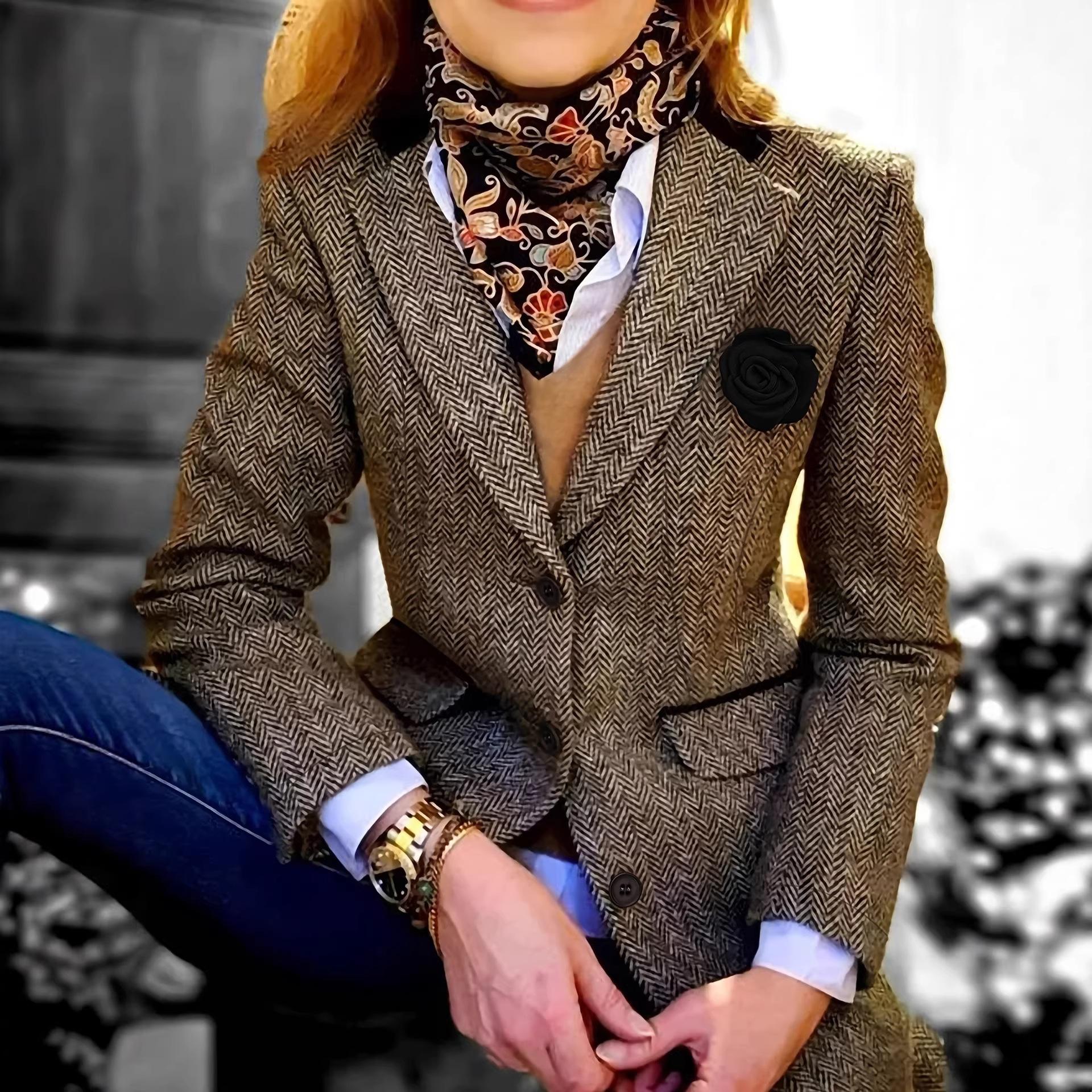 European and American retro commuter style herringbone pattern fabric black flower brooch elegant temperament women s blazer european and american code m