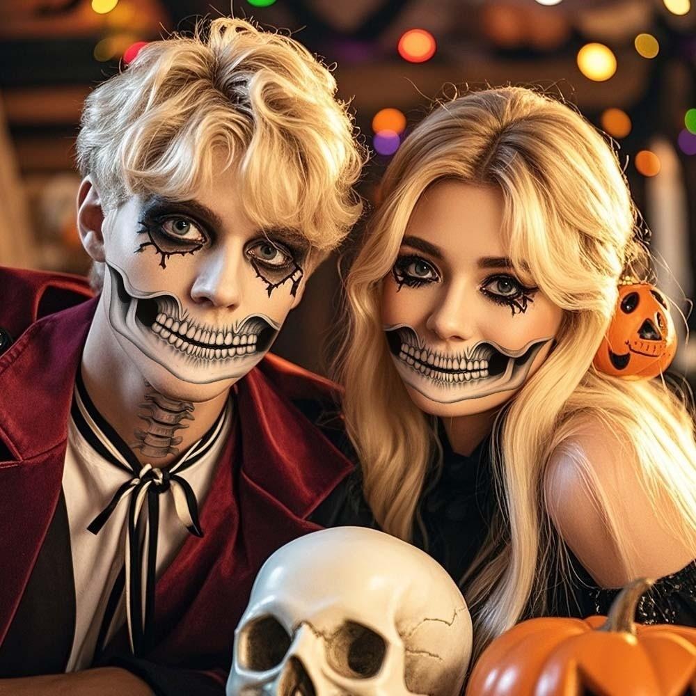 2pcs Waterproof Halloween Face Tattoo Disposable Skull Temporary Sticker Mouth Clown Tattoo  Women