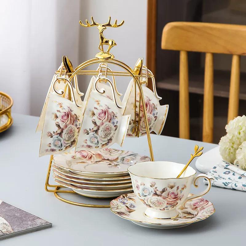 Vintage Floral Bone China Coffee Tea Set, Retro Rose Ceramic Teapot Cup Saucer, Elegant British Style Tableware for Afternoon Tea