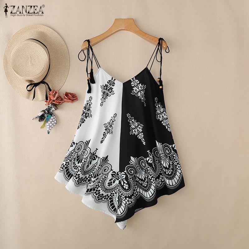 ZANZEA Damen Boho Print Lässige Ärmellose V-Ausschnitt Slip Camisoles