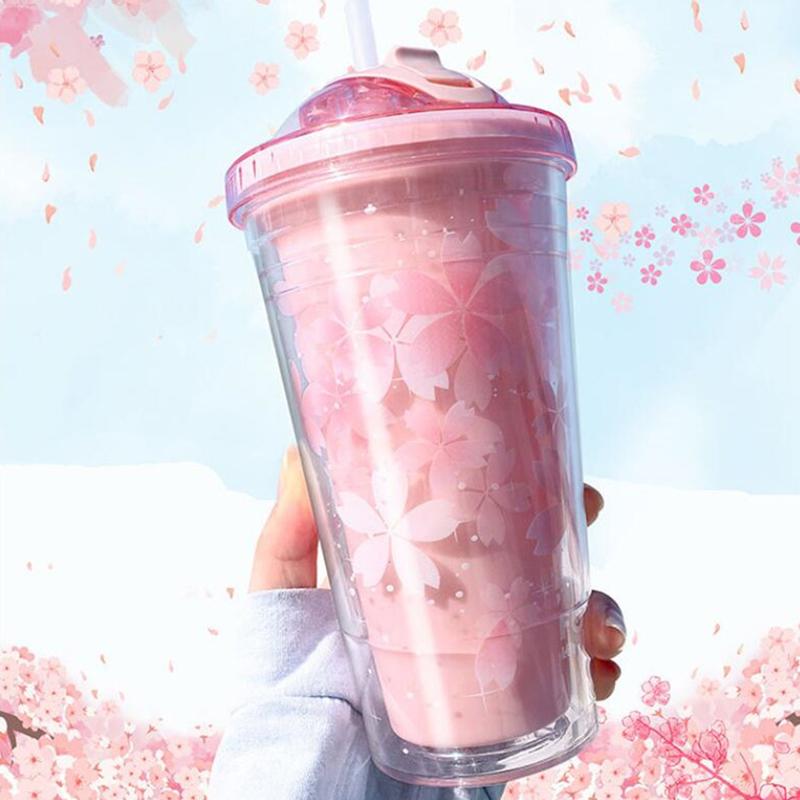 480ml Sakura Plastic Cups Double Wall Hidden Straw Iced Cup Creative Juice Drinking Cup Kids Gift Water Bottle for Outdoor