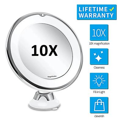 Espelho de maquiagem flexível com aumento de 10x com luzes, tela sensível ao toque, iluminação para vestir, lâmpada de maquiagem, ventosa inferior, design portátil, LED