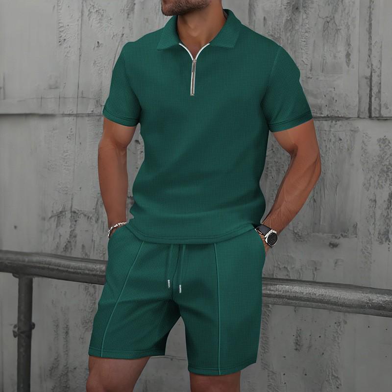 Men's Trendy Waffle Texture Lapel Polo and Shorts Set - Casual Sportswear, Short Sleeve Outfit