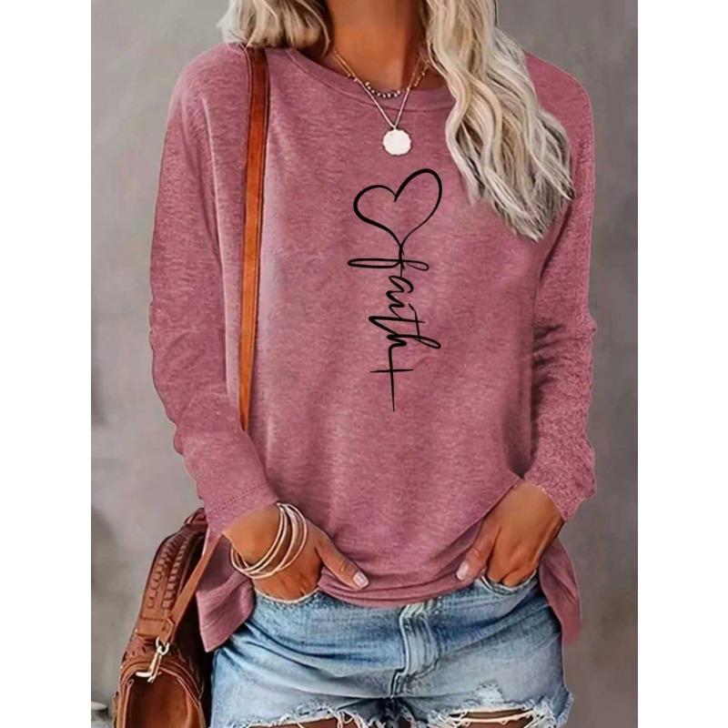 

Women s long sleeved loose round neck top with fashionable heart-shaped pattern XS