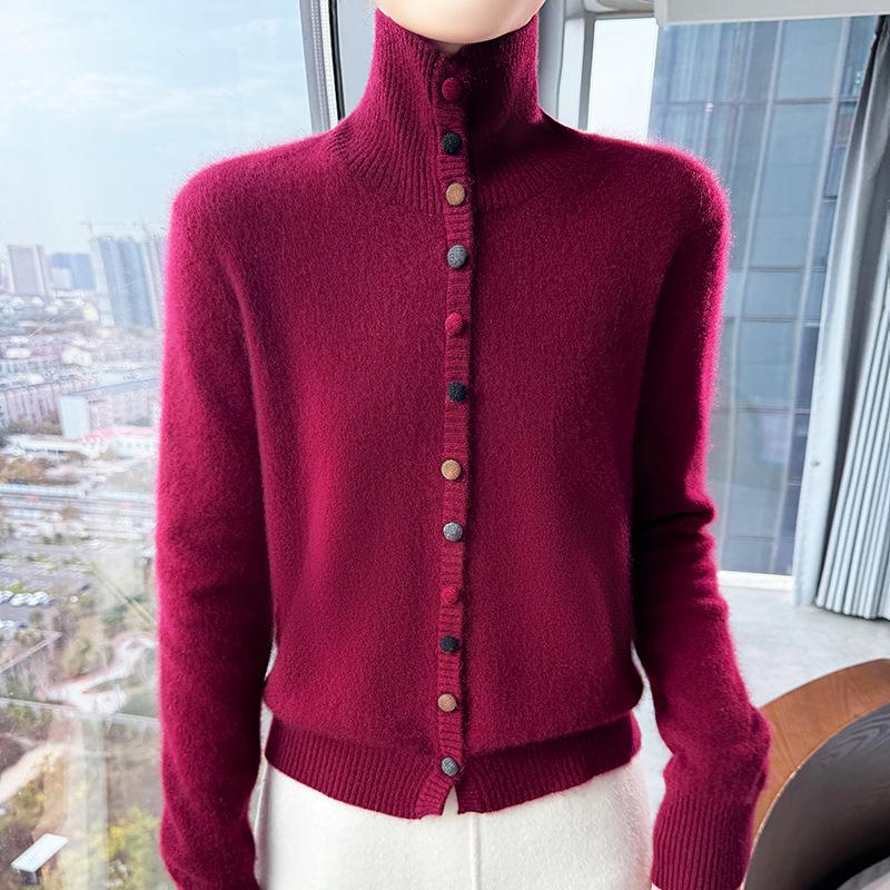 Women's 100% Pure Wool High Neck Sweater, Buttoned Cardigan, Loose Fit, Autumn/Winter Fashion.