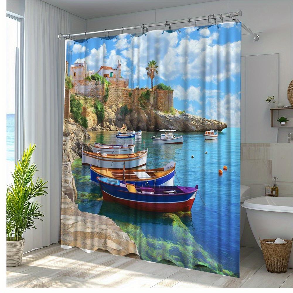 1pc Stunning Coastal Boats Shower Curtain with Beautiful Sea View Polyester Fabric Bathroom Decor Includes 12 Hooks