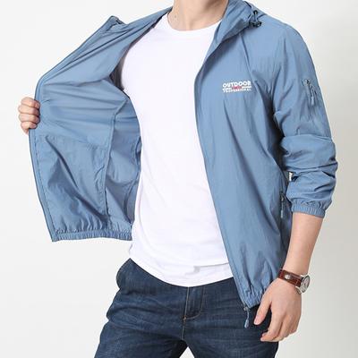 Men Sun Protection Coat Hooded Long Sleeve Letter Anti-UV Jacket Drawstring Print Zipper Placket Windbreaker