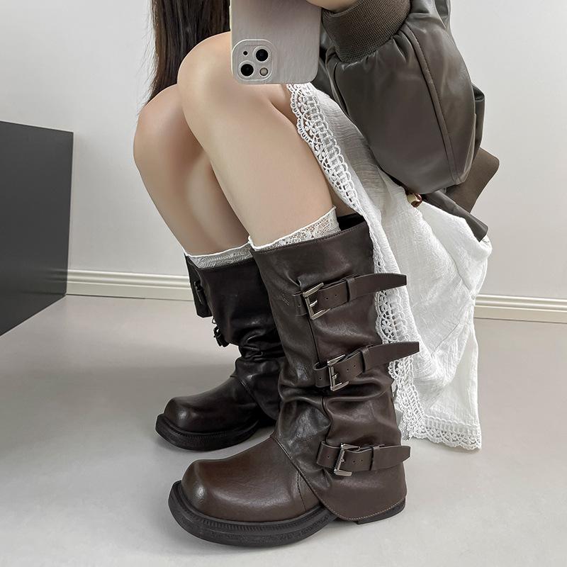 

Inner heightening medium boots children 2025 new British stacking boots grape mother same brown Maillard trouser boots 35