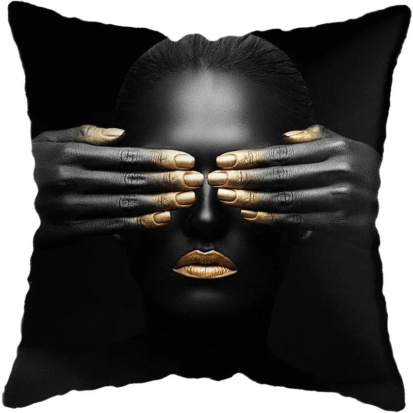 Modern Living Room Black Gold African Lady Woman Style Look Art Deco Sofa Pillowcase Cushion Cover