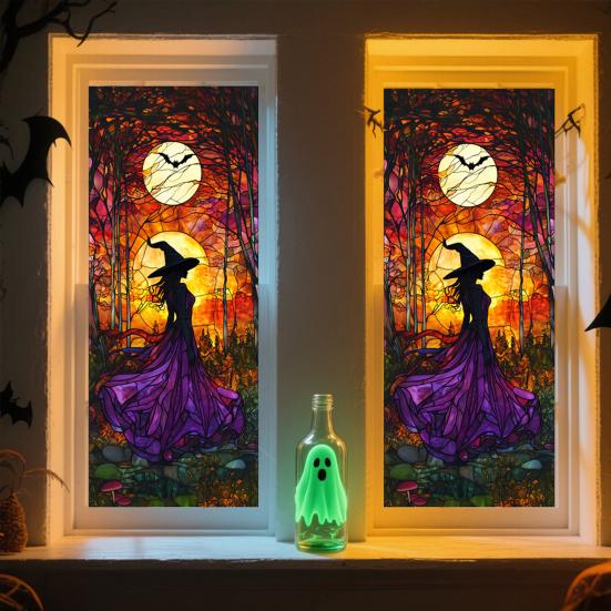 Halloween Window Sticker Stained Glass Style Witch Bats Decal Removable Pumpkins Ghosts Static Window Cling for Party Decoration