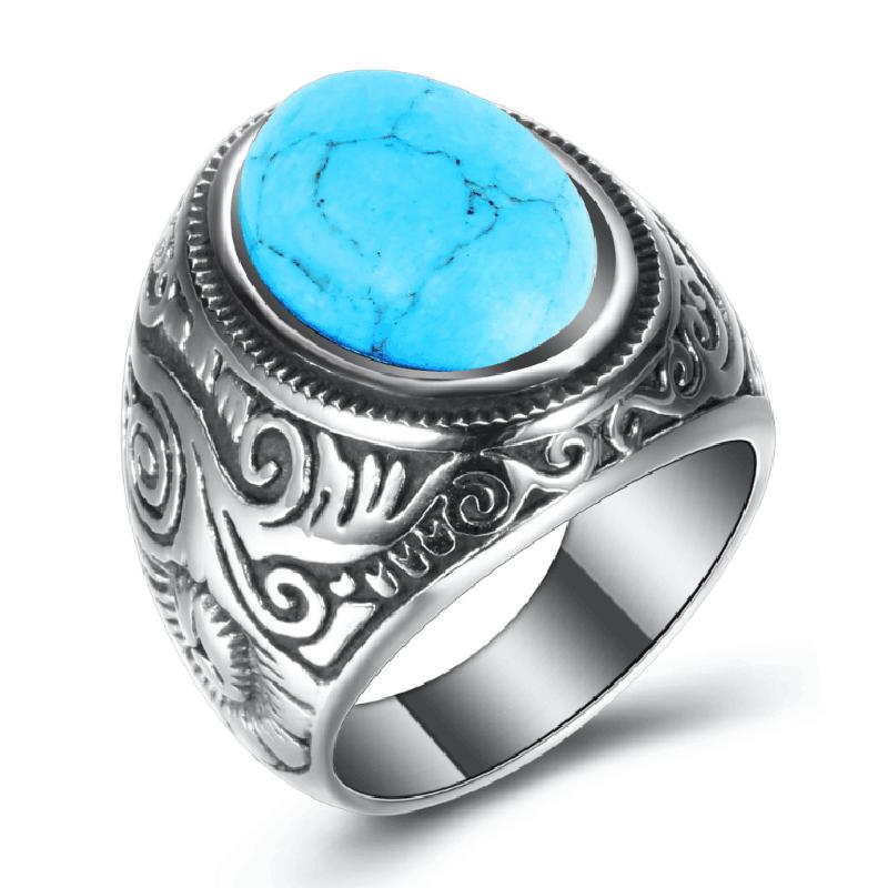 

Kalen Charm Men s Ring 6mm Wide Carved Pattern Stainless Steel Jewelry Heavy Anillos Chunky Blue Stone Exotic Party Accessories 12