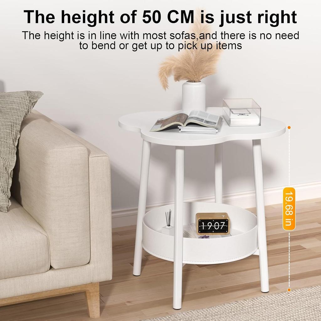 Couchtisch mit unterer Ablage, Mid-Century Modern Beistelltisch Weiß Sofa Beistelltisch, Blumenförmige Nachttische Nachttisch für Wohnzimmer, Schlafzimmer,