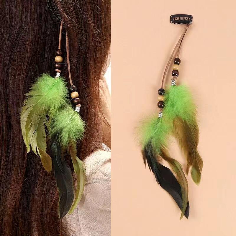 Bohemian Ethnic Feather Hair Clip with Tassel for Seaside Photoshoots